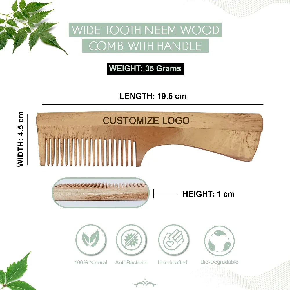 Natural handmade wide tooth neem wood comb custom logo wooden message comb with handle Manufacturer