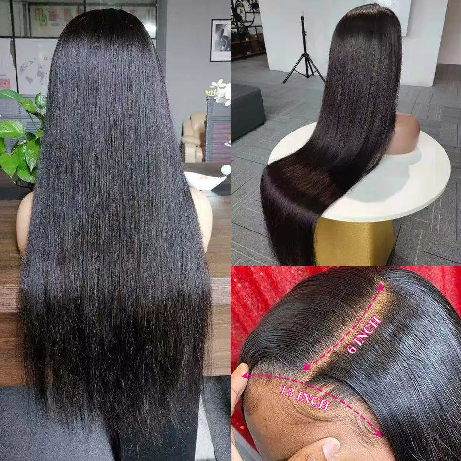 Peruca de cabelo frontal com renda indiana cru 13x6, peruca completa sem cola para mulheres negras, peruca frontal de renda reta brasileira de 40 polegadas