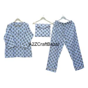 Conjunto de pijama de algodón Floral de lujo para mujer india, ropa de dormir de cuello largo hecha a mano, suave y cómoda para verano, otoño, primavera, logotipo frontal - Product Image 1