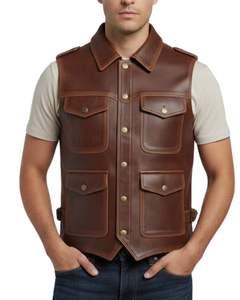 <b>Men</b> Genuine Leather Brown <b>Vest</b> Four Pockets with Front Button and Waterproof - Product Image 4