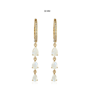 Pendientes de piedras preciosas de Luna arcoíris naturales, joyería colgante de gota de diamante pavimentado, pendientes de tres gotas hechos a mano - Product Image 1