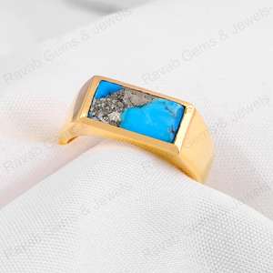 Best Selling 7x14mm Natural Pyrite <b>Turquoise</b> Gemstone Handmade 925 Silver Smooth Wedding Rectangle Vermeil Bohemian Style <b>Ring</b> - Product Image 1