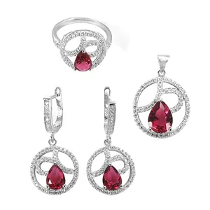 Ensemble de bijoux en argent 925 Art Palace, rubis, zircon, signe de la paix, boucles d'oreilles, bague, pendentif, style classique pour femmes, plaqué rhodium - Product Image 3