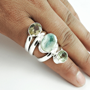 Belle bague multi-pierres faite à la main à partir de bijoux en argent sterling 925 est livrée avec une pierre précieuse d'améthyste verte Druzy-Smoky Quartz - Product Image 2