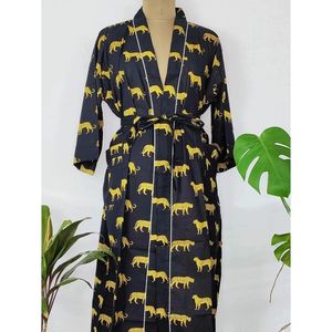 Pure Cotton Handprinted Elegant Black Yellow Leopard Animal <b>Beach</b> Coverup Summer Kimono Comfortable Maternity Mom <b>Robe</b> ODM - Product Image 1