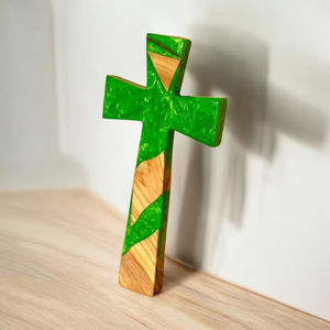 Abstract Neon Cross <b>Sculpture</b>-Handcrafted Eco-Friendly Olive Wood and <b>Resin</b> Spiritual Wall Hanging 25cm for Modern Interiors - Product Image 5