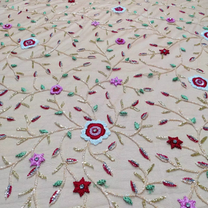 Tissu en dentelle florale multicolore de luxe avec éléments de broderie 3D en perles, tissage écologique de style croisé pour accessoires - Product Image 1