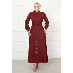 Vestido Borgoña con Cuello Camisero y Detalles de Perlas - Product Image 2