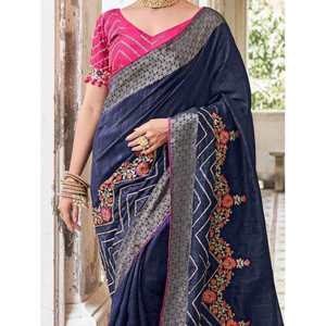 ชุดส่าหรีงานแต่งงานผ้าฝ้ายปักลายสีน้ำเงินกรมท่าสุดหรูสำหรับชุดแต่งงาน - Product Image 4