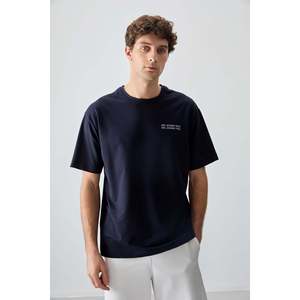 T-shirt pour homme en coton 100% bleu marine - 88375, coupe ample, tissu jersey texturé épais et doux avec motif imprimé - Product Image 6