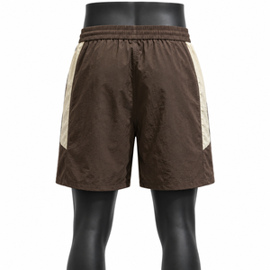 Pantalones cortos de nailon marrón para hombre, cintura elástica con cordón, pantalones cortos informales de verano para gimnasio con rayas laterales en contraste, pantalones cortos ligeros - Product Image 2