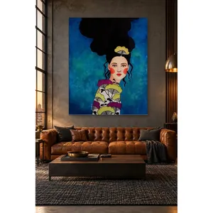 Fida, femme aux cheveux noirs volumineux sur fond bleu, impression sur toile - Product Image 2