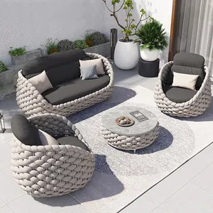 Rope Woven Outdoor Sectional Sofa Set With Round Coffee Table