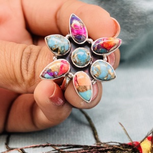 แหวนเงินแท้ประดับด้วยดอกดาเลียสีฟ้าอมเขียว ดีไซน์แบบโบฮีเมียน ทำมือ เหมาะสำหรับงานแต่งงาน ของขวัญสุดพิเศษ - Product Image 1