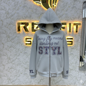 Chất liệu tốt nhất OEM Dịch vụ dây kéo hoodie Rhinestone <span class=keywords><strong>Zip</strong></span> <span class=keywords><strong>Up</strong></span> Áo khoác axit rửa cổ điển rửa người đàn ông lông cừu thời trang dạo phố Puff Hoodie - Product Image 1