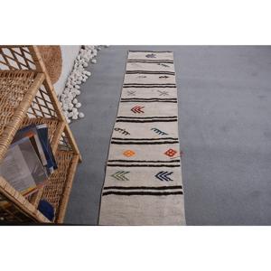 1.5x5.8 ft Vintage Traditional Turkish Moroccan Wool <b>Runner</b> Rug Eco-Friendly Patchwork Design with Latex Backing White & <b>Black</b> - Product Image 1