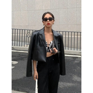 แจ็คเก็ตหนังแท้สีดำสำหรับผู้หญิง สไตล์สตรีทแฟชั่นลำลองแบบสั้น รุ่นใหม่ล่าสุดสำหรับฤดูใบไม้ร่วง  แบบเรียบง่าย  ทรงมอเตอร์ไซค์ - Product Image 2