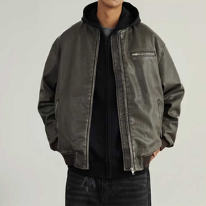 Chaqueta de motocicleta de cuero de última tendencia superior de alta calidad abrigo con bolsillos con cremallera - Product Image 1