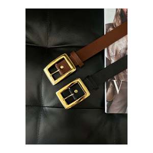Ensemble de 2 ceintures pour femme avec boucle dorée : ceinture pour pantalon, ceinture pour veste, ceinture pour robe, ceinture pour chemise - Noir et beige - Product Image 4