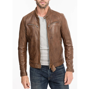 Veste de moto en cuir marron Vintage pour hommes à forte demande, manteau de motard décontracté à coupe ajustée, poche zippée, vêtements d'extérieur d'hiver chauds - Product Image 1