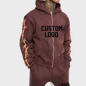 Venta al por mayor en blanco de gran tamaño Sweatsuit algodón holgado Zip up Sudadera con capucha y pantalones de chándal conjuntos de neopreno chándal para los hombres - Product Image 3