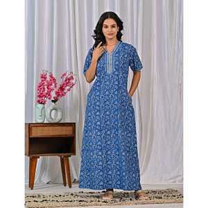 Vestido de Dormir 100% Algodón con Estampado Jaal Hecho a Mano, Camisón Suave Tejido con Diseño Floral y Cierre de Botones, Talla 3XL para Damas de Honor - Product Image 3