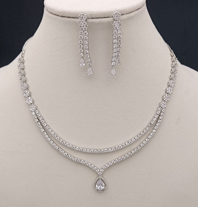 <b>Silver</b> Moissanite Diamond <b>Necklace</b> <b>Set</b> <b>Silver</b> Pear Drop Pendant With Matching <b>Silver</b> Drop Earrings Sparkling Elegant Party Wear - Product Image 1