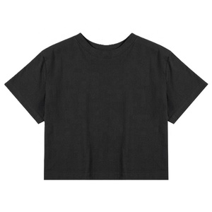 Tops cortos lisos holgados de algodón 100% de calidad superior, camiseta recortada de manga corta con cuello redondo para mujer, Impresión de logotipo personalizado - Product Image 2