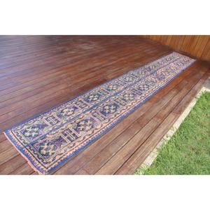 Alfombra Turca Vintage, Alfombra de 1,7x11,2 pies, Alfombra de Lana con Diseño Floral Azul - Product Image 2