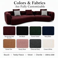 Canapé modulaire incurvé rembourré en tissu bouclé de luxe léger rouge bordeaux, taille personnalisée, meubles de salon