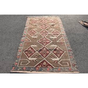 Alfombra de área de lana turca Vintage 4,5X7,9 pies marrón Beige diseño de retazos respaldo de látex rectangular grande-para pasillo habitación cabecera - Product Image 1