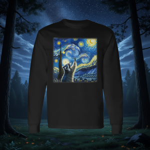 T-shirt a maniche lunghe con grafica Raccoon Starry Night, design artistico, abbigliamento unisex - Product Image 3