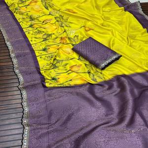 Sari de Georgette de Seda Pura VASTRA COTTAGE con Tejido Jacquard, Pallu Rico, Estampado Digital Pichvai Hecho a Mano con Blusa en Contraste - Product Image 6