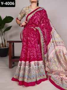 Les plus belles femmes de mariage et de festival portent des collections de saris en soie verte avec des pièces de chemisier imprimées Madhubani pour saree - Product Image 3