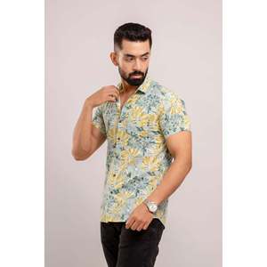 Chemise décontractée pour homme en coton imprimé floral vert marine, manches courtes, col mandarin, tissu popeline respirant, tailles 2XL 3XL, style occidental ODM - Product Image 3