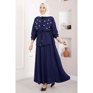 Conjunto de Falda y Top Azul Marino con Cinturón Adornado con Piedras, Tela Crepé Contemporánea, Estilo Diario, Top Largo y Corto Bordado, Talla XL para Primavera - Product Image 1