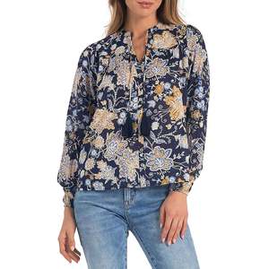 Top da Donna Elan Chic con Ricami Floreali in Cotone, Taglia S-XL, Colletto Alto con Dettagli Arricciati per Autunno e Primavera - Product Image 1