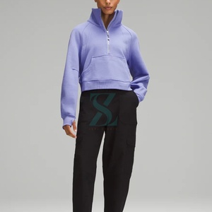 Sweats à demi-fermeture éclair en coton personnalisés de haute qualité Streetwear Sweats à demi-fermeture éclair tricotés en polaire Technique teint uni pour les femmes - Product Image 1