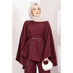Ensemble Tunique et Short en Crêpe Bordeaux Élégant avec Ceinture Chaîne, Coupe Ample Décontractée, Automne & Printemps, Haut et Pantalon Tissés, Taille Unique (XS) - Product Image 2