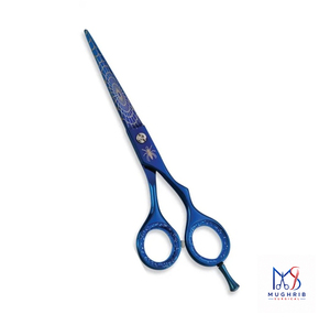 กรรไกรตัดผมสแตนเลส ใบมีดตรง ลายใยแมงมุมสีน้ำเงิน ด้ามจับโลหะทนทาน รูกลม - Product Image 1