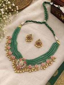 TISHYA DIAMOND Ethnic Gold Plated Alloy Wedding Necklace Earrings Set Green Beads Brilliant Cut Moissanite Trendy Women Jewelry - Product Image 2
