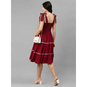 Vestido Deebaco para Mujer, Rojo, Vintage, de Rayón, Corte en A, con Volantes, Cuello Cuadrado, Sin Mangas, Largo Midi, Cintura Imperio, Estilo Occidental - Product Image 2
