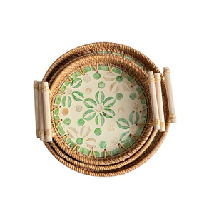 Luxury Handmade Rattan & Nacre Serving Tray with <b>Rustic</b> Mother Pearl Design Breakfast in <b>Bed</b> Tray Handle - Product Image 6