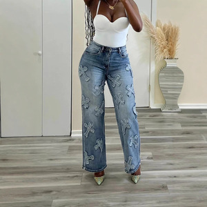 Jeans pour femmes, style streetwear, vintage, délavé, taille haute, coupe large, couleur personnalisée, transfrontalier Europe-Amérique - Product Image 1