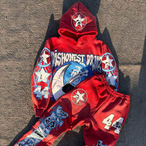 Chándal de invierno de 100% algodón con capucha pesado personalizado OEM para hombre, conjunto de 2 piezas, ropa de calle, estampado, lavado con ácido, dobladillo crudo, llamarada - Product Image 2