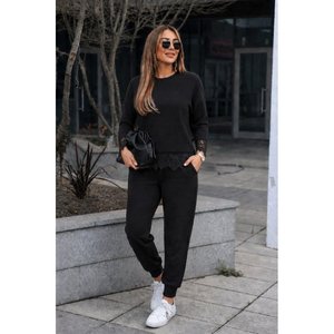 Ensemble deux pièces pour femme, chemisier à manches longues, col rond, dentelle, viscose, deux fils, et pantalon, 37343 - Noir - Product Image 1
