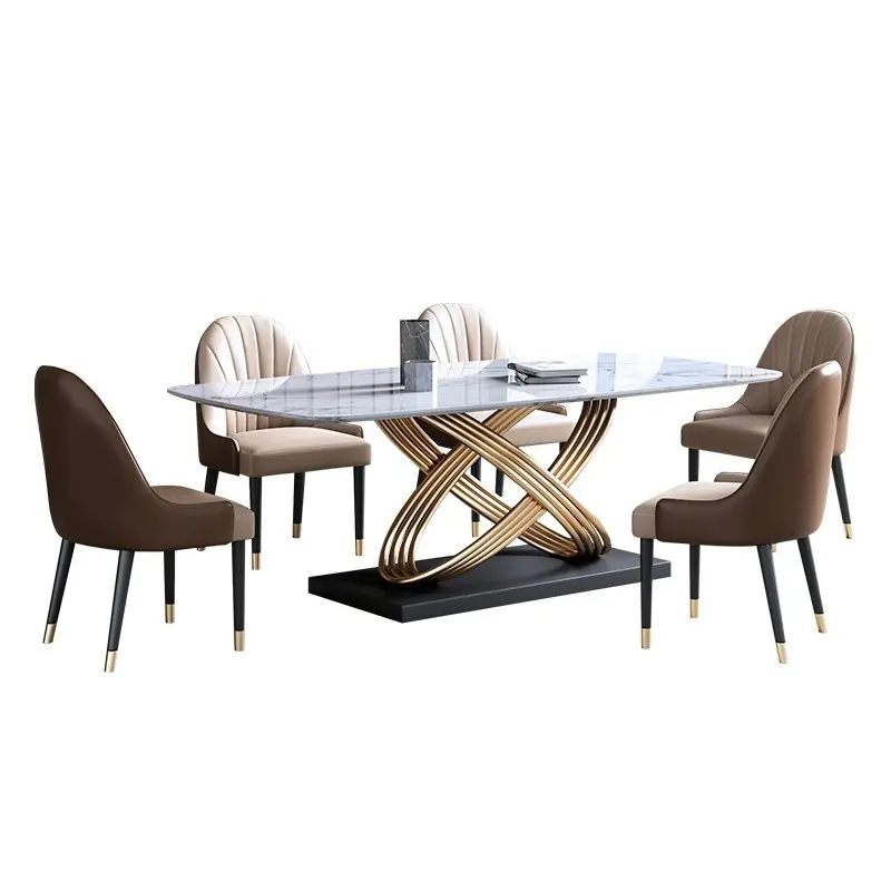 Rectangle Sintered Stone Top Luxury Dining Room White Modern Dining Table With Stainless Steel Pedestal for 6-8 Family Gathering