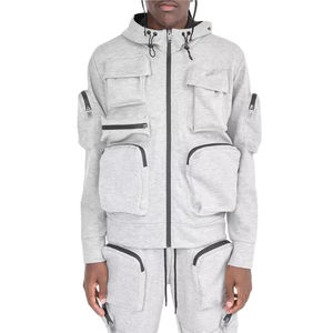 OEM Custom Heavy <b>Thick</b> Cotton Fleece Multi Cargo Pockets Full Zip up <b>Men's</b> Hoodies New Fashion solid color <b>Men</b> <b>Hoodie</b> - Product Image 2