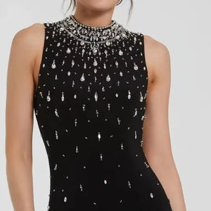 Fabricant de robes sur mesure, robe longue en polyester noir, robes de cérémonie pour femmes, robes de soirée de célébrités, robe de soirée avec perles, naturel - Product Image 1