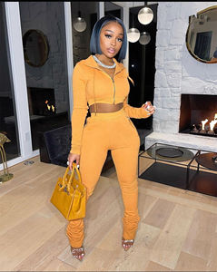 New 2023 Sexy <b>Cropped</b> <b>Zip</b> <b>up</b> Hoodies Custom Stacked Sweatsuit Flare Sweatpants Women Hoodie and Pant Tracksuit for Women - Product Image 4